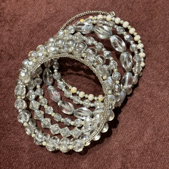 Silver/Tan Women's Shimmery Seven Row Beaded Spiral Bracelet - Picture 14 of 14